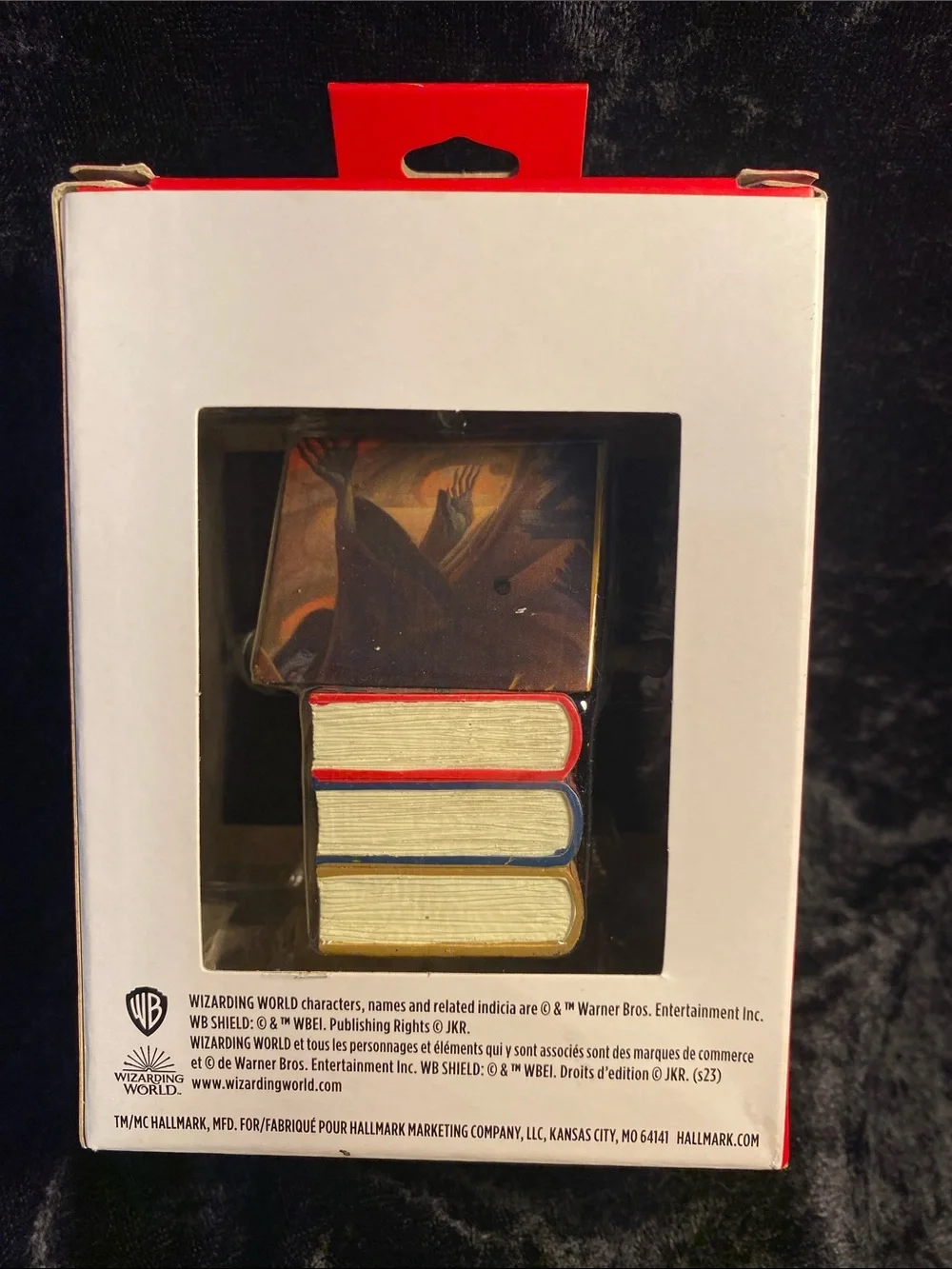 Hallmark Harry Potter Books & Wand Ornament - red, blue, gold, cream